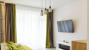 Uma sala de estar moderna com um sofá, uma televisão de tela plana e uma lareira.