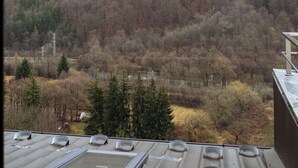 Vista desde una habitación con tragaluz, que da a un valle boscoso con colinas al fondo.