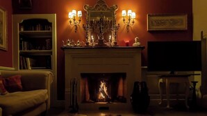 Ein gemütliches Wohnzimmer mit Kamin, Bücherregalen und einem Fernseher.