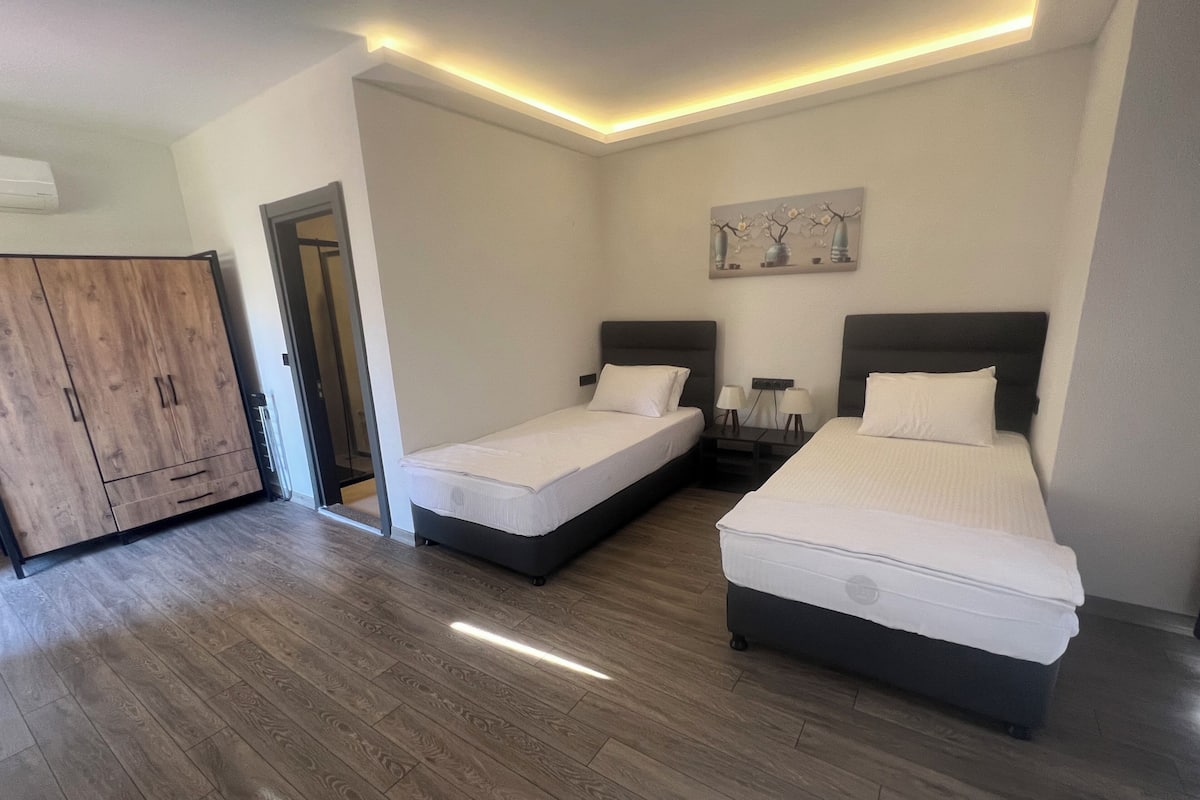 A bedroom with two beds, a wooden wardrobe, and a painting on the wall.