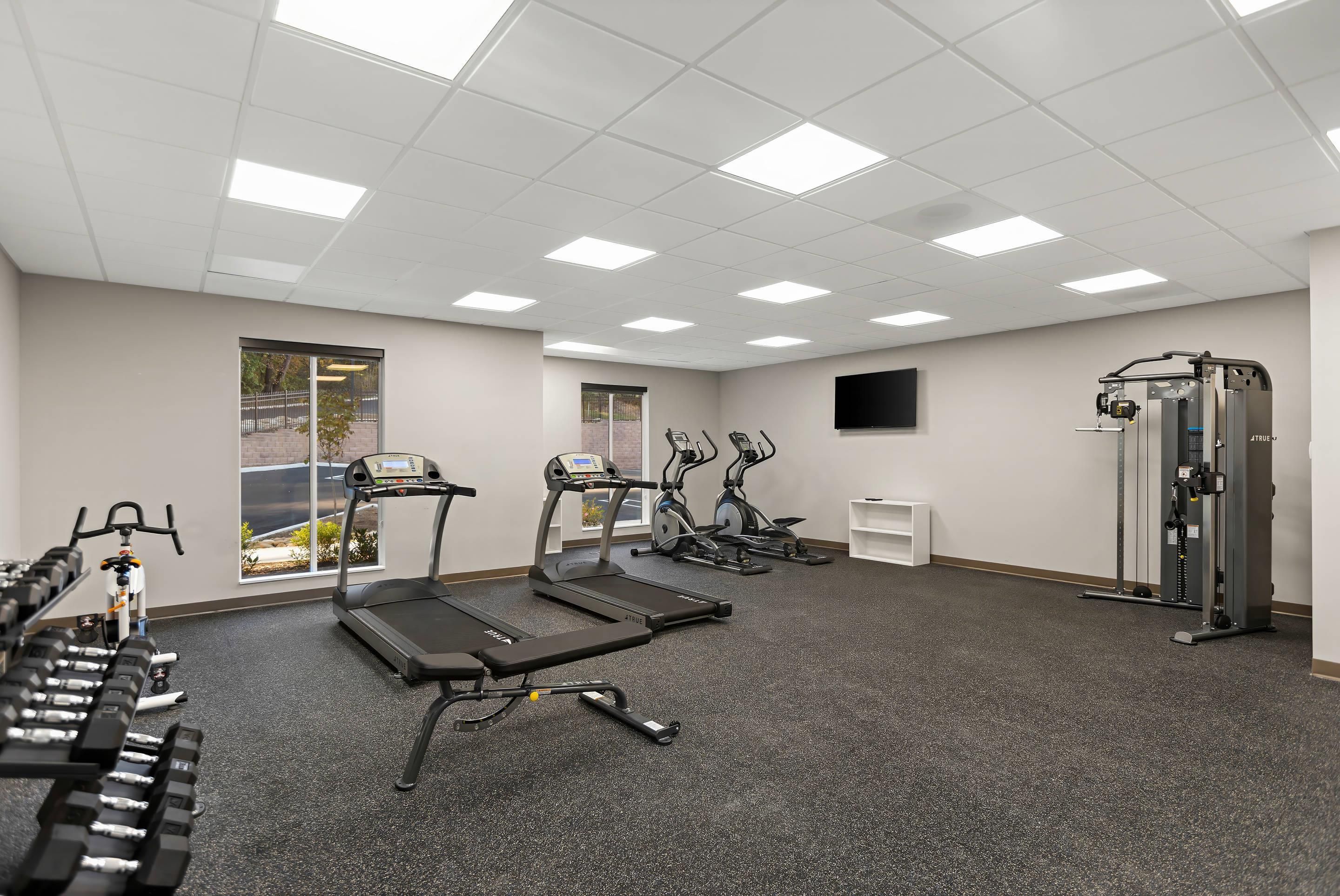 A gym with treadmills, elliptical machines, and free weights.