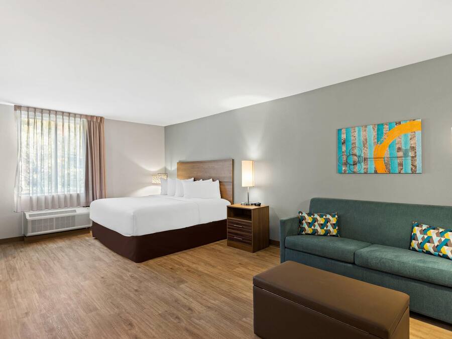 Una camera d'hotel con un letto grande, un divano, un tavolino da caffè, un comodino con una lampada e un quadro appeso al muro.