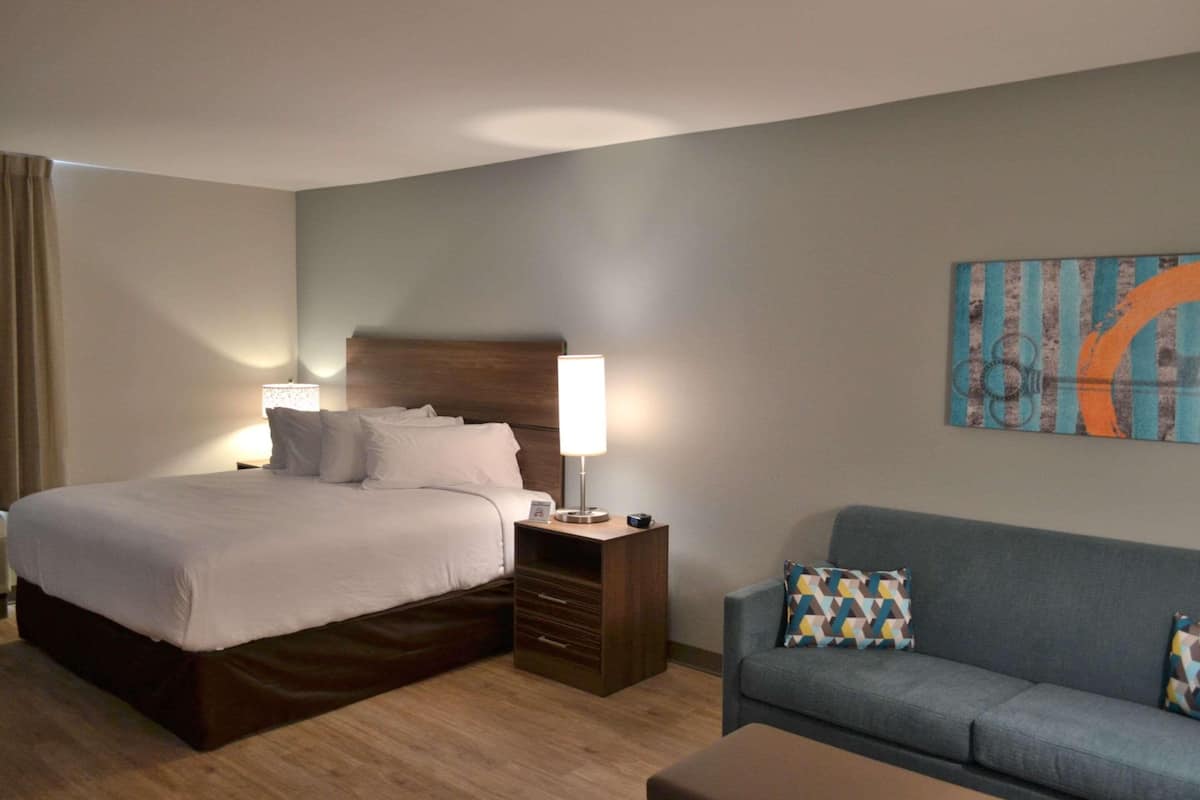A hotel room with a bed, bedside table, lamp, and a couch.
