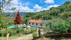 Ein Haus mit rotem Ziegeldach, Solaranlage, Schwimmbad und Garten.