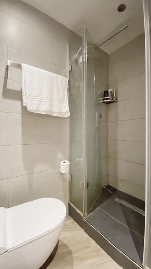 Studio | Bathroom | Shower, hair dryer, towels