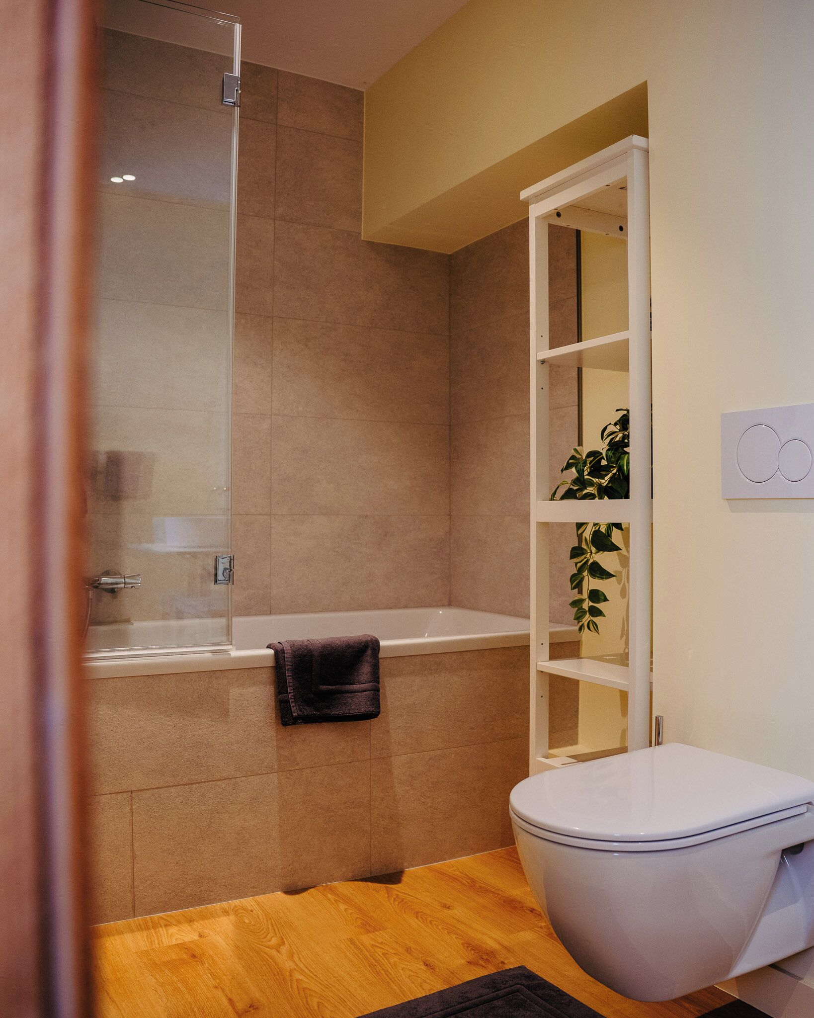 A bathroom with a shower, toilet, and a shelf with a plant.