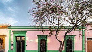 A building with a green door and windows, a sign with a number, and a tree with pink flowers.