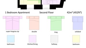 A 1-bedroom apartment layout with a bathroom, entrance hall, bedroom, and kitchen/living/dining area. - Apartment 7 (York)