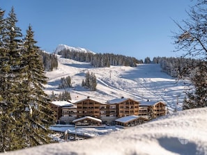 Un lodge con diversi edifici in legno, circondato da alberi innevati e una pista da sci.