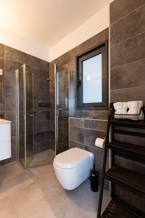 Shower, hair dryer, towels, shampoo