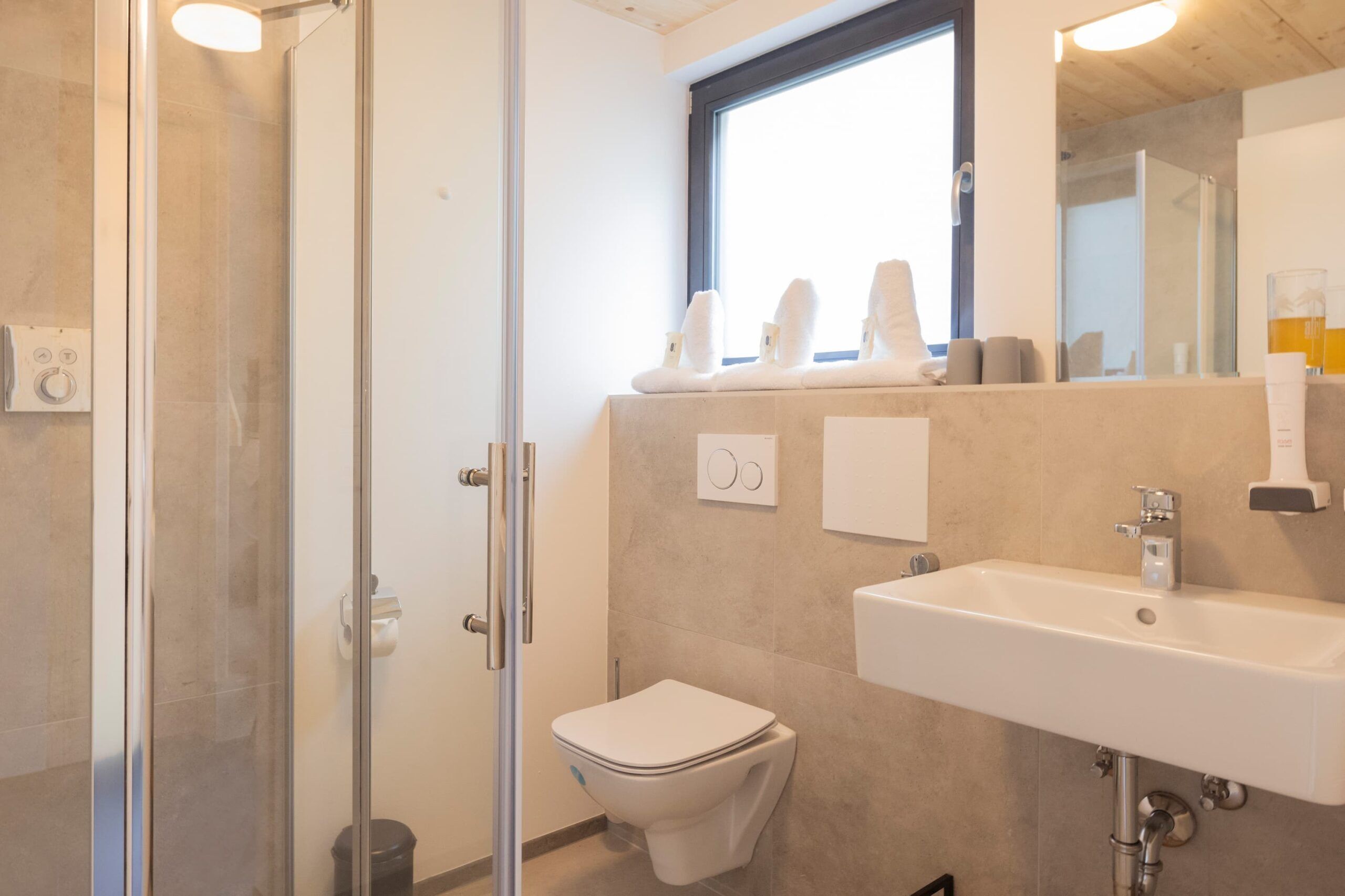 A modern bathroom with a glass shower enclosure, a toilet, and a sink.