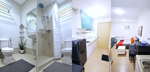 A modern bathroom with a shower, toilet, and sink. The room has a small balcony with a view. - Discover Your Home Away From Home- Unwind in Our Exquisite Retreat! (Caloocan)