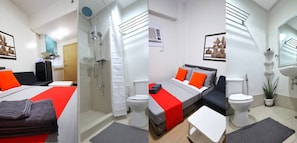 A modern hotel room with a bed, a shower, a toilet, and a sink. - Discover Your Home Away From Home- Unwind in Our Exquisite Retreat! (Caloocan)