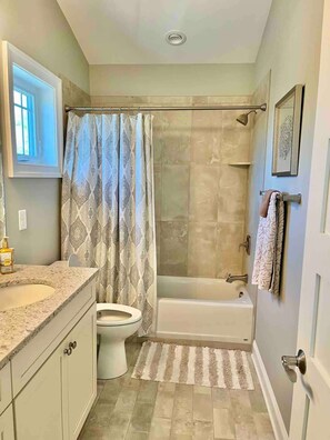 Shower, hair dryer, shampoo