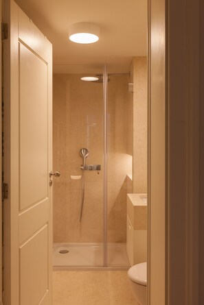 Douche, sèche-cheveux, serviettes fournies, shampoing