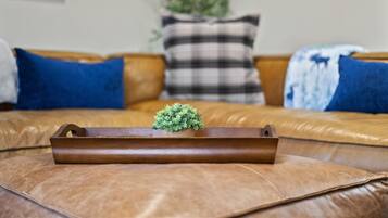 A brown leather sofa with a small green plant in a wooden tray, blue and plaid pillows, and a green plant in a pot in the background.