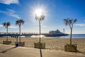 A beach with palm trees, a pier, and a building in the background.