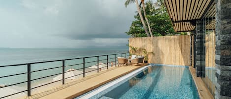 Outdoor pool, pool umbrellas, pool loungers
