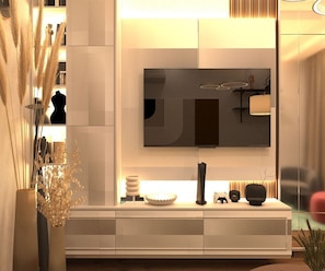 Comfort-Zimmer | Wohnbereich | 32-Zoll-Smart-TV mit Digitalempfang, Kamin, Netflix