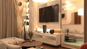 Habitación Confort | Área de sala de estar | Smart TV de 32 pulgadas con canales digitales, chimenea y Netflix