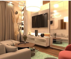 Comfort-Zimmer | Wohnbereich | 32-Zoll-Smart-TV mit Digitalempfang, Kamin, Netflix