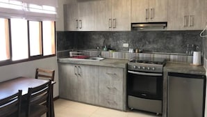 A modern kitchen with grey cabinets, a stainless steel sink, a gas stove, and a built-in oven. - 1bedstudiohuanchaco/balcony/closetolocalsights (Huanchaco)
