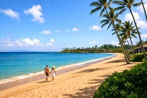 Ein Strand mit Palmen, blauem Himmel und ruhiger See.
