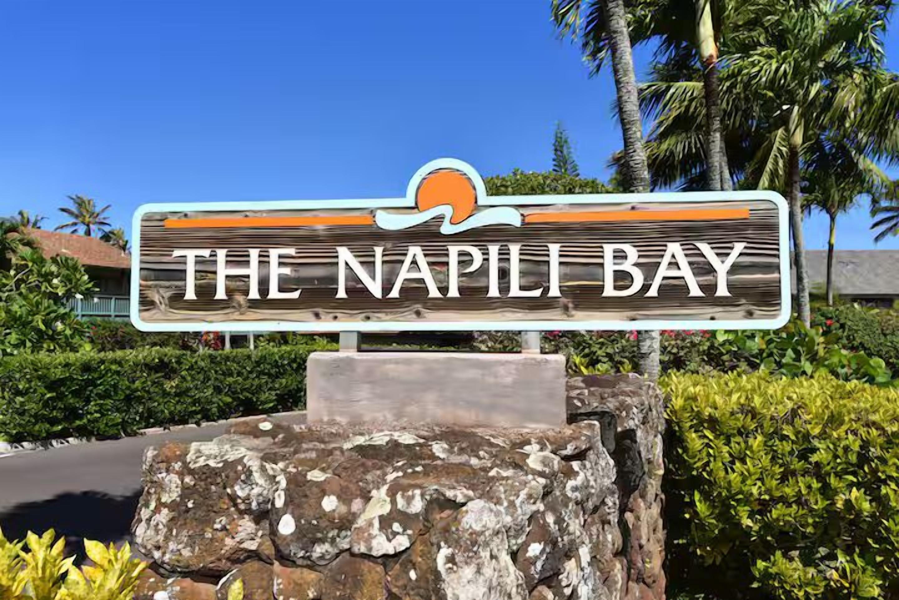 A wooden sign with 'THE NAPI LI BAY' written on it, mounted on a stone base with a palm tree and greenery in the background.