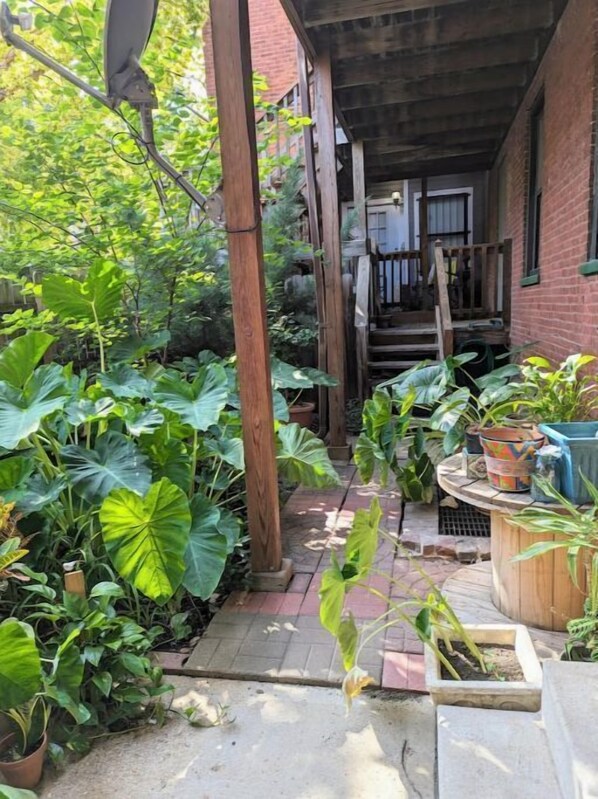 Step into a serene oasis surrounded by lush greenery and a brick building.