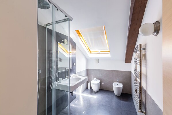 Bathtub, hair dryer, bidet, towels