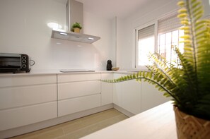 Fridge, microwave, oven, coffee/tea maker