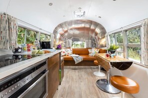 Cottage | Private kitchen | Fridge, oven, coffee/tea maker, cookware/dishes/utensils - The 1956 Vintage American Airstream (Dartmouth)