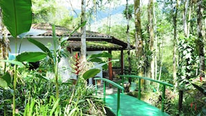 A rustic wooden structure with a thatched roof, surrounded by lush greenery and a stone pathway leading to a green bridge. - Casa Caapuā, relax with comfort in nature. (Paraty)