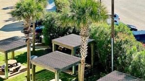 A beachside parking lot with several cars, palm trees, and a view of the ocean. - Beach Front TOP FLOOR! Ocean Views!POOL (Galveston)