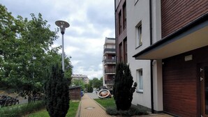 Un sendero pavimentado con un diseño decorativo, bordeado por edificios con balcones y un farol.