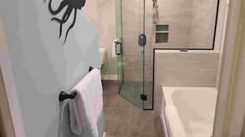 Hair dryer, towels, soap, shampoo