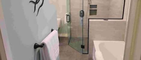 Hair dryer, towels, soap, shampoo