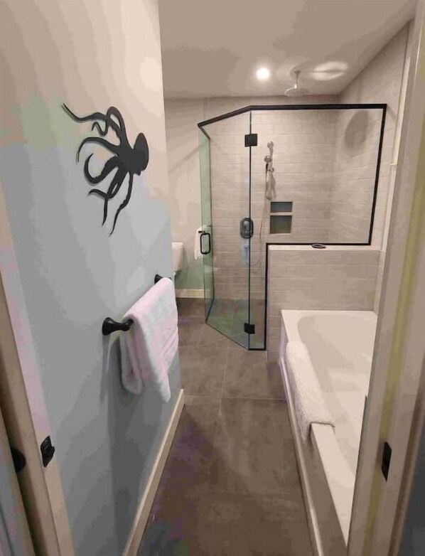 Hair dryer, towels, soap, shampoo