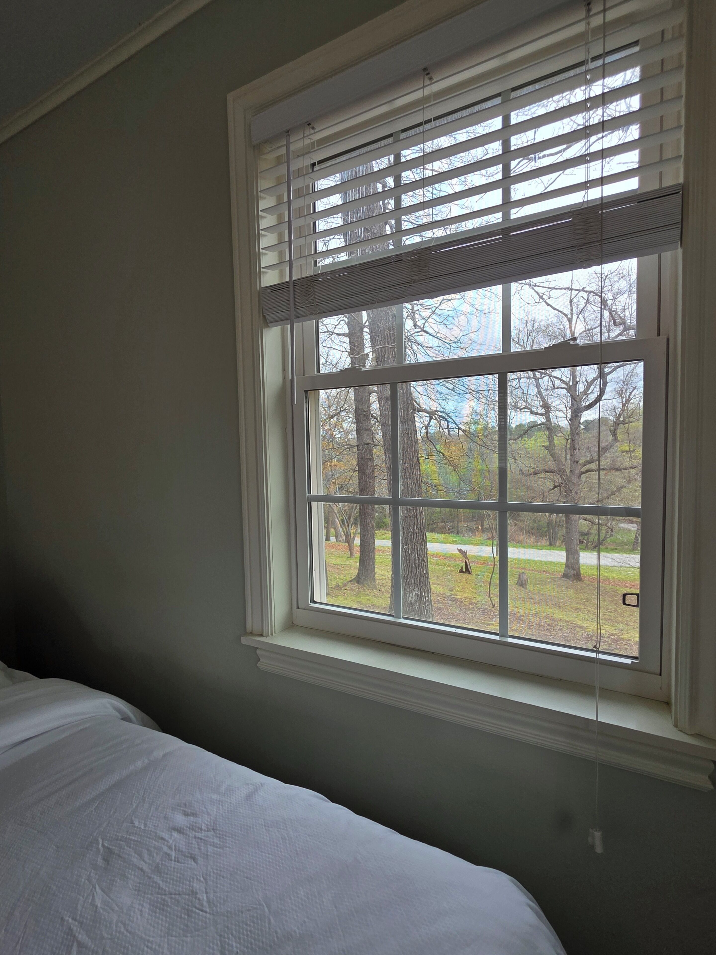 A bedroom with a window, a bed, and a view of trees and a path.