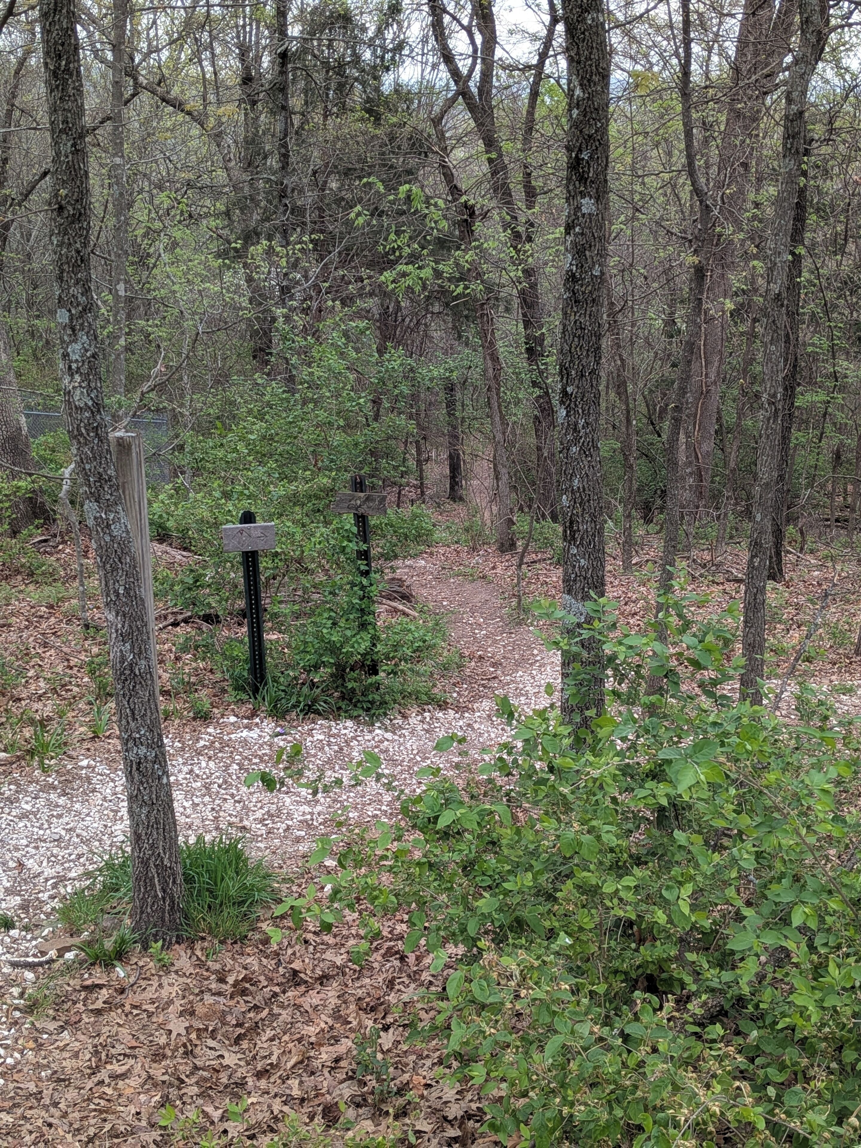 Une zone boisée avec un sentier de gravier, des panneaux en bois et une clôture.