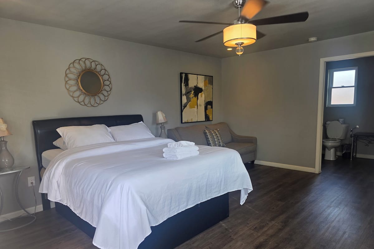 A bedroom with a bed, a ceiling fan, a wall-mounted mirror, a painting, and a bathroom visible through an open door.