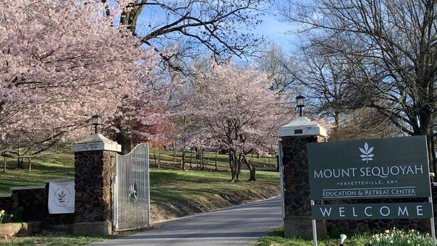 A sign welcoming visitors to Mount Sequoiah Education & Retreat Center in Fayetteville, AR. - Mount Sequoyah Center (Fayetteville)