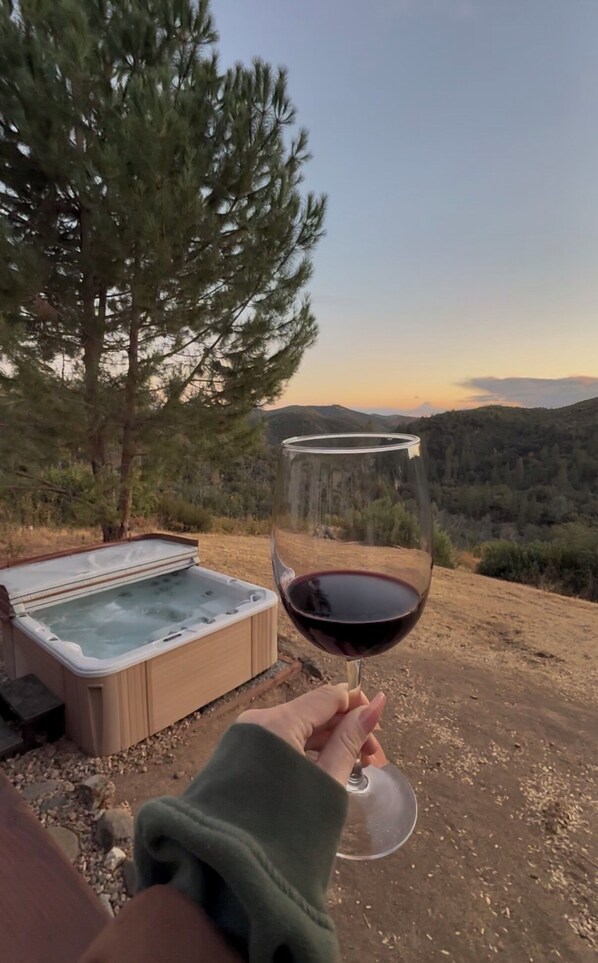 A person holding a wine glass with a hot tub and a tree in the background.
