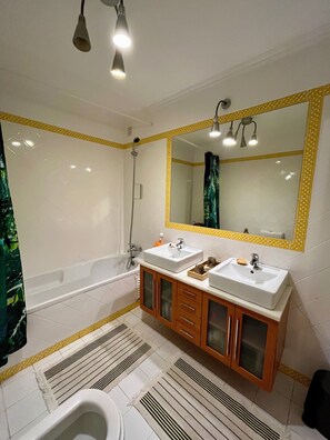 Hair dryer, bidet, towels, toilet paper