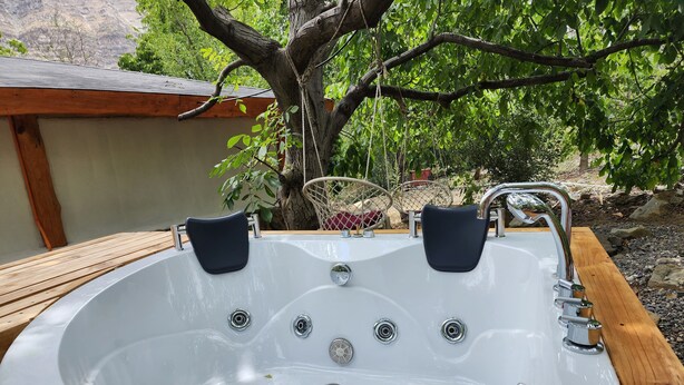 Un bain à remous avec deux sièges, entouré d’une terrasse en bois et d’un arbre.