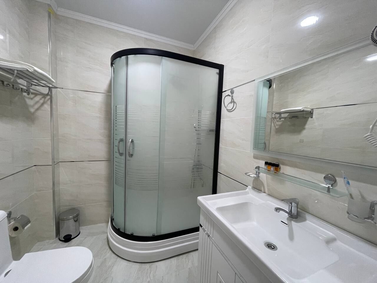 A modern bathroom with a glass-enclosed shower, a white sink, and a toilet.