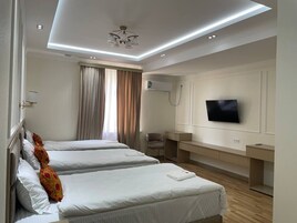 Habitación de hotel con dos camas, televisor, escritorio y silla.