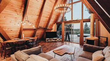 TV connectée, cheminée, livres, chaîne hi-fi