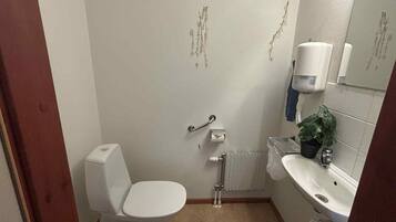 Un baño pequeño y funcional con inodoro, lavabo y radiador.