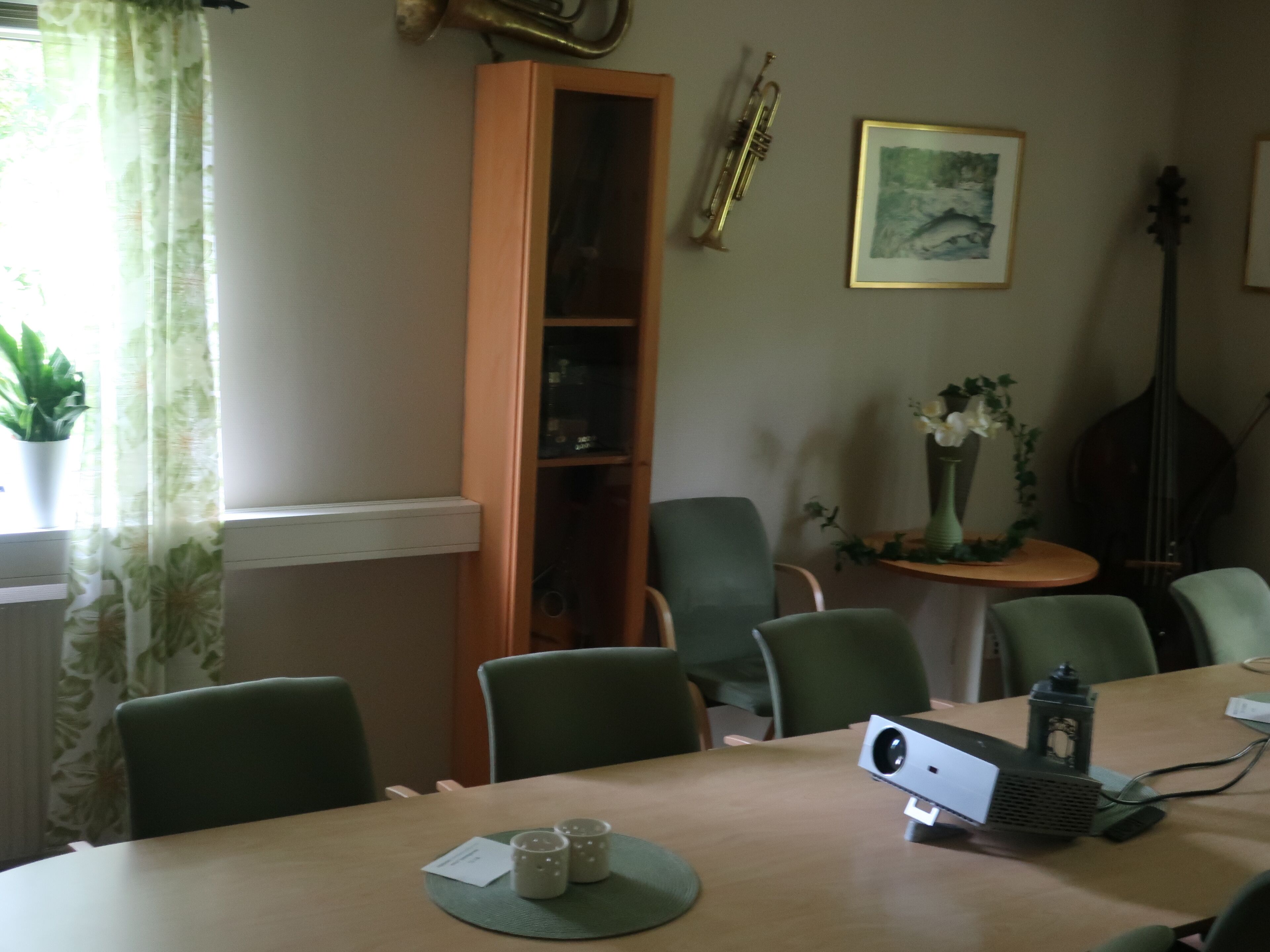 A dining area with a table, chairs, a bookshelf, a trumpet, a violin, and a framed picture on the wall.